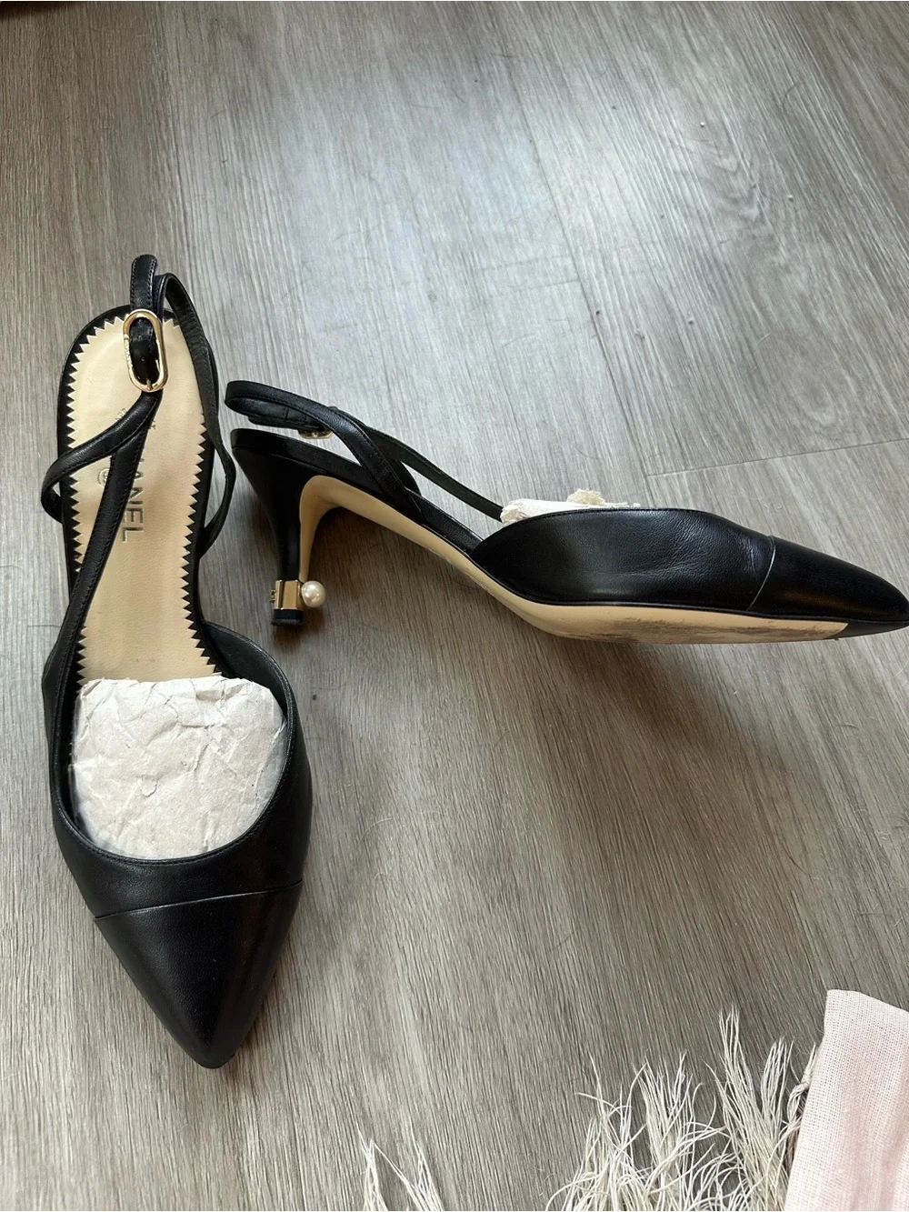 CHANEL Black Pointed Slingback Pumps with Gold Buckle